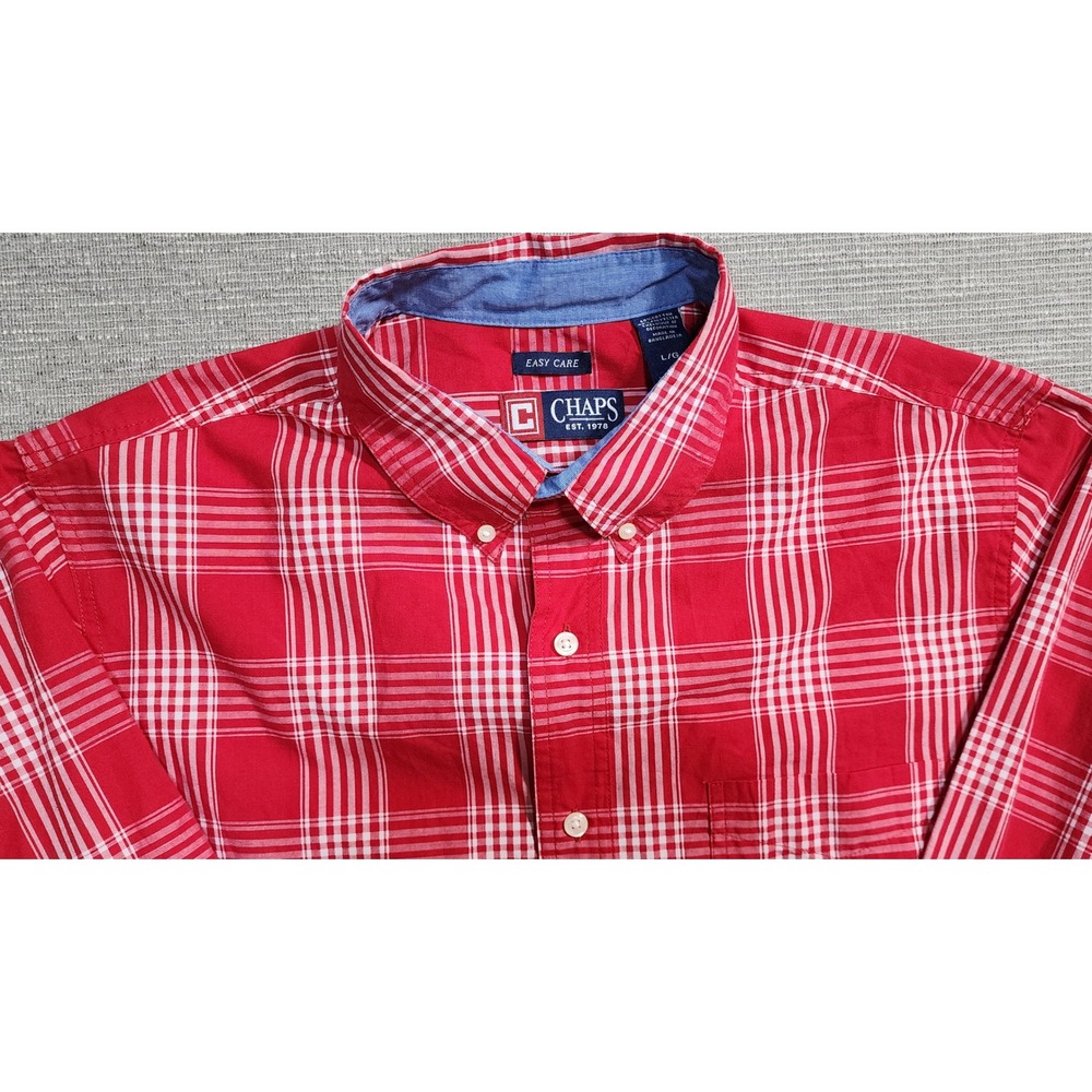 Chaps Mens Easy Care Red White Plaid Button Down Shirt‎ Long Sleeve Large L/G
